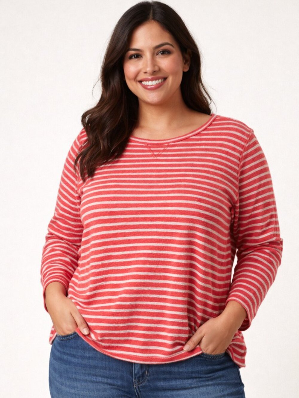 Lands' End Red and White Striped Long-Sleeve French Terry Cotton Sweatshirt - XL